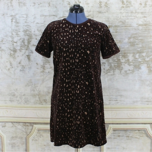 Vintage 1990s Shift Dress Leopard Print Velour Velvet Jumper Brown Grunge VTG - Picture 2 of 9